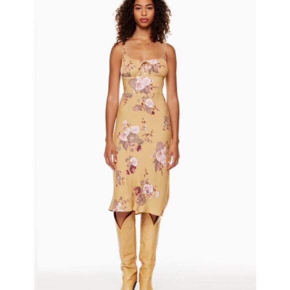 Aritzia | Wilfred Bellow Tan Yellow Floral Print Tie Bust Sexy Summer Midi Dress - Picture 12 of 13